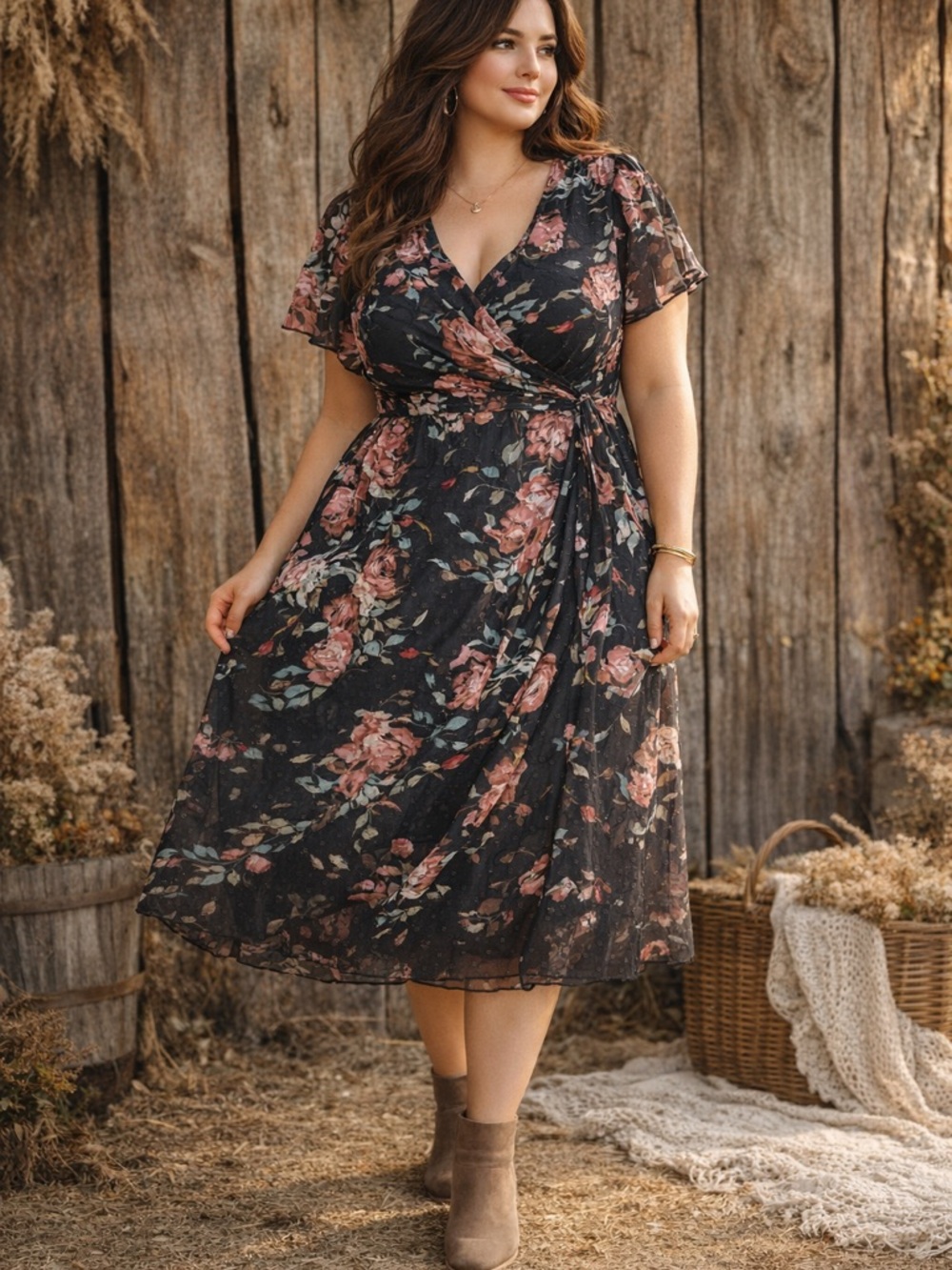 Torrid Size 2 Floral Wrap Dress Black Pink Midi Swiss Dot Chiffon Short Sleeve